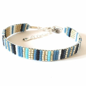 Pulsera de tres filas azul buyberry/grafito/plata diseño de franjas