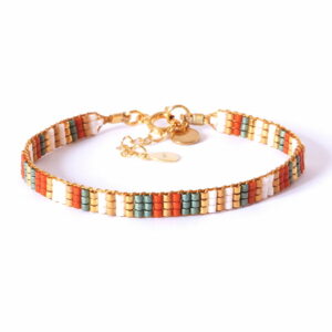 Pulsera de tres filas terracota/verde/oro con diseño de franjas