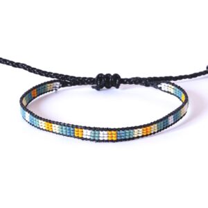 Pulsera unisex de tres filas azul/naranja con diseño de franjas enmarcada en cuero negro