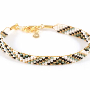Pulsera de cinco filas turquesa/blanco/oro mate con diseño de triángulos
