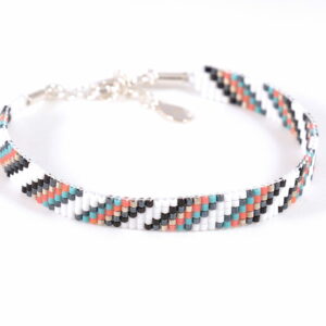 Pulsera de cinco filas turquesa/rojo/blanco/paladio con diseño diagonal